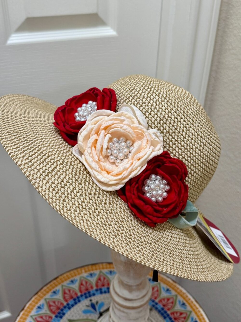 Elegant Women's Tweed Sun Hat With Satin Flowers And Pearls Wedding Tea Party